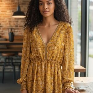 Max Studio Yellow Dress Boho Flowy Faux Wrap Retro XL Floral